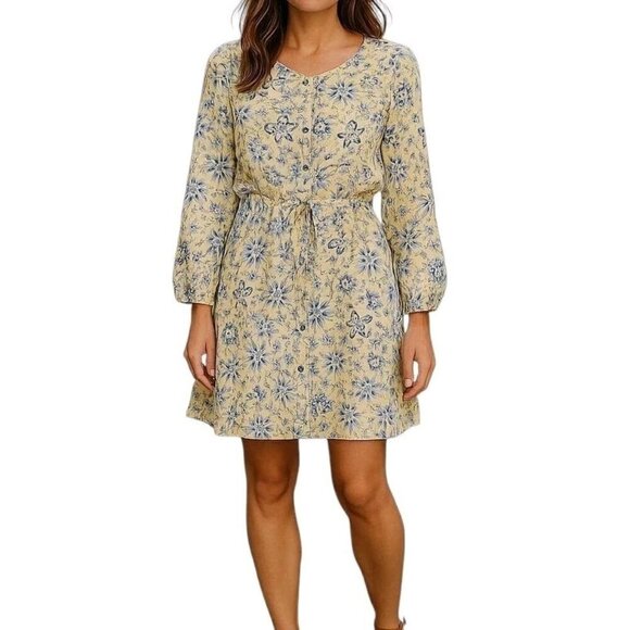 Loft Outlet Shift Dress Size 14 Yellow Blue Floral Button Front Belted Summer - Picture 1 of 12